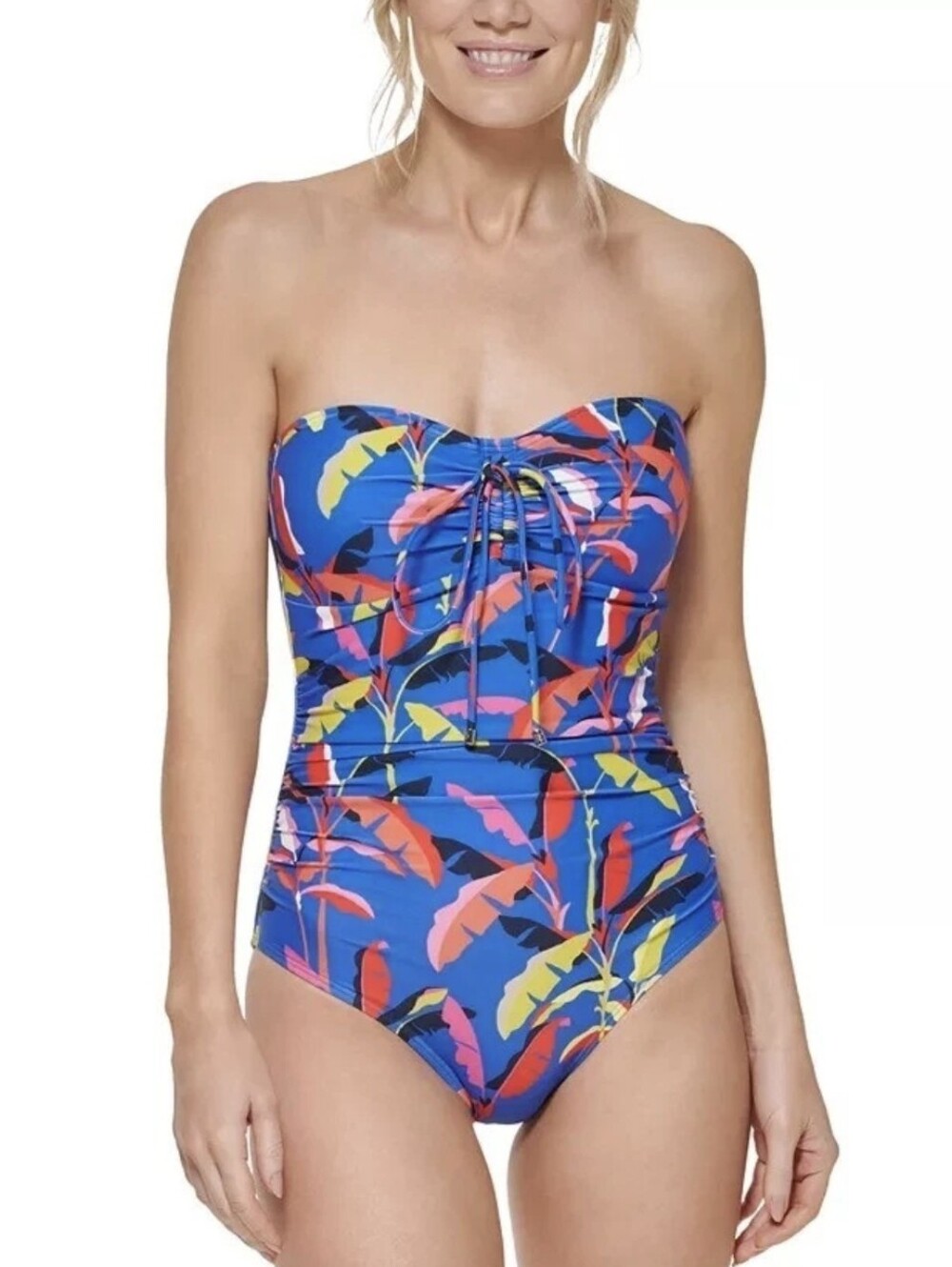 Tommy Hilfiger Tropical Print Bandeau One Piece Swimsuit Blue 10